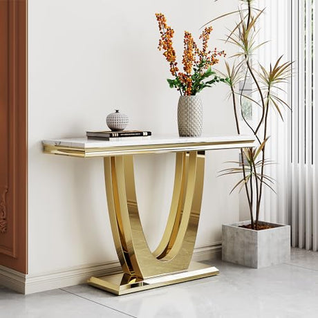 Goujxcy 47"" Marble Console Table Luxury Gold Sofa Table with Geometric U-Shape Stainless Steel Pedestal Modern Long Console Sofa Table White Marble Entryway Hall Table for Living Room Hallway Goujxcy