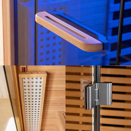 Woodbridge Infrared Home Sauna Room 2 Person Hemlock Wooden Indoor Sauna,7 Carbon 2230W/120V Heaters,with Led Color Therapy Light,Bluetooth Speaker,Tempered Glass,Touch-Tone Keypad and A Top Vent WOODBRIDGE