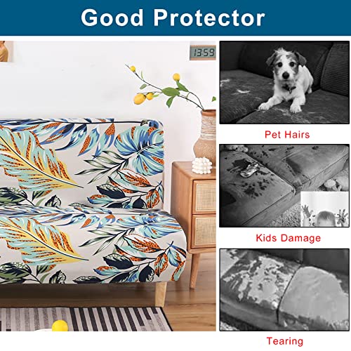 WOMACO Printed Futon Cover Stretch Sofa Bed Slipcovers Full Twin Queen Size Armless Couch Loveseat Protector Covers with Elastic Bottom for Living Room Bedroom Furniture (Rain Leaves, 63"-75") WOMACO