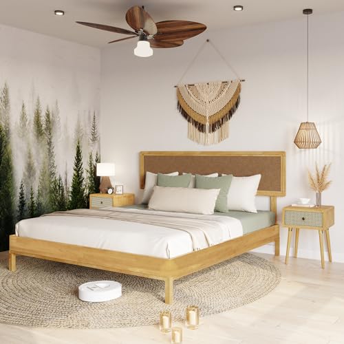 Nipe King 14 Inch Bohemian Bed Frame with Adjustable Woven Headboard - Rustic Acacia Wood Design, No Box Spring Required - WoodArtSupply