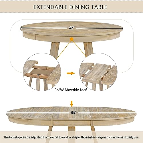 Merax Round Extendable Dining Room Table Set with Chairs for 4-6 Persons Solid Wood Round Kitchen Table and Chairs for Saving Space, Natural Merax