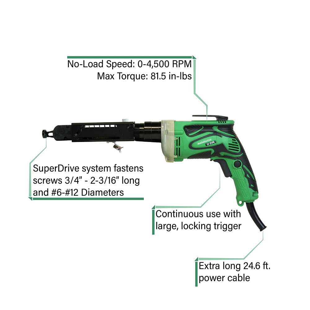 Metabo HPT SuperDrive Collated Screwdriver | 24.6 Ft Power Cord | 6.6 Amp Motor | W6V4SD2 - WoodArtSupply