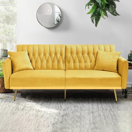 ACMEASE 70” Velvet Futon Sofa Bed w/Adjustable Armrests & 2 Pillows, Convertible Futon Couch w/Adjustable Backrests, Modern Sleeper Bed for Living Room, Bedroom, Yellow ACMEASE