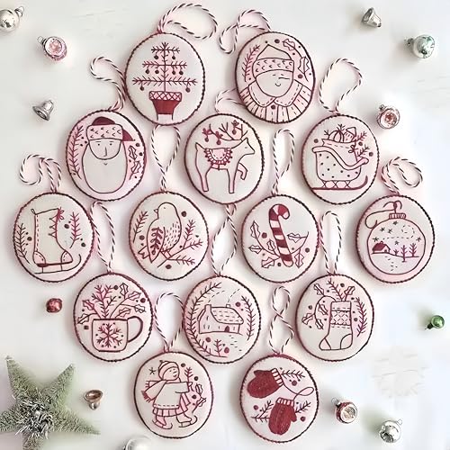 Christmas Embroidery Ornament Kit, 12PCS DIY Hand Embroidery Set for Beginners & Adults, Complete Holiday Craft Kit with Threads, Needles & Instructions, Festive Tree & Gifts Decor (Red)