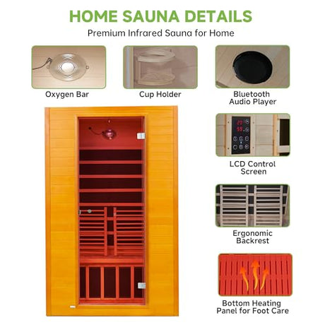 Real Relax Far Infrared Sauna for Home, 2 Person Indoor Home Sauna with Red Light Therapy, Canadian Hemlock Wooden Dry Heat Saunas Room with Bluetooth Speakers, 9-Color Chromotherapy Lights Real Relax