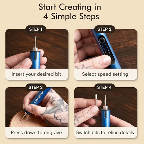SketchPro Cordless Engraving Pen with LED Light – 3-Speed Precision Etching Tool for Wood, Metal, Glass & Plastic – USB-C Rechargeable, 26 Accessories – Ideal for DIY, Jewelry & Craft Projects Calavive