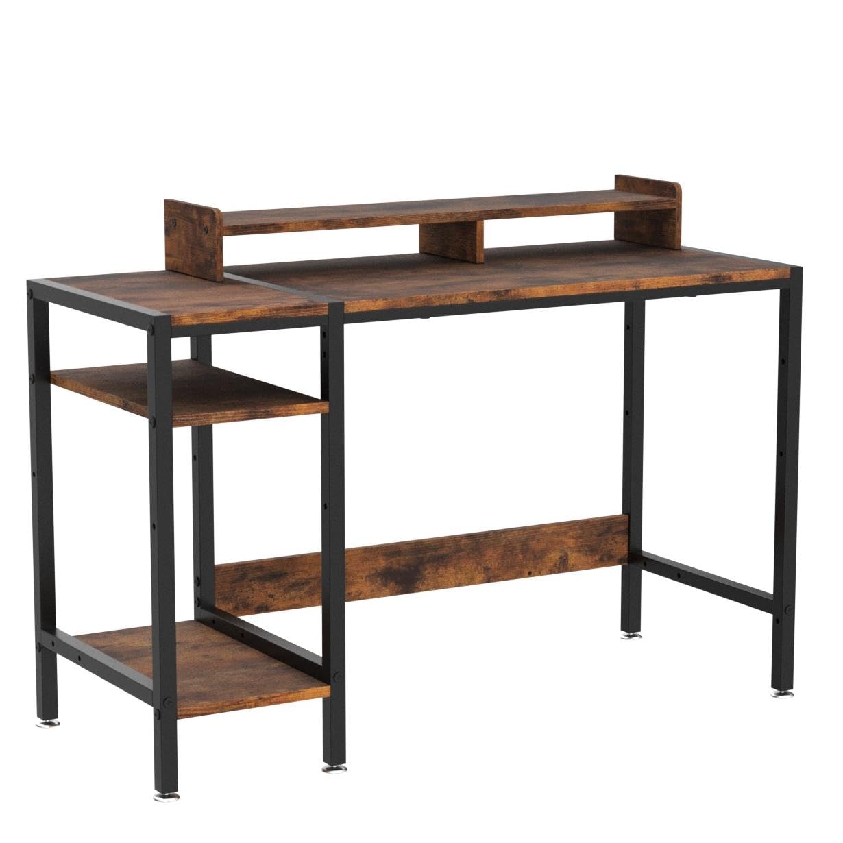 MINOSYS 39” Rustic Computer Desk with Adjustable Monitor Stand and Reversible Storage Shelves - WoodArtSupply