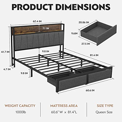 CIKUNASI Queen Size Bed Frame with Storage, Charging Station, and LED Lights - WoodArtSupply