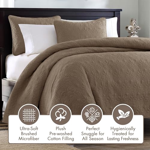 Madison Park Quebec Quilt Set - Luxurious Damask Stitching Design, Cotton Filled Lightweight Coverlet Bedspread Bedding, Shams, Full/Queen(90"x90"), Mocha 3 Piece Madison Park