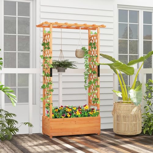 LDAILY Moccha Raised Garden Bed with Trellis, Wood Garden Planter with Hanging Roof, Drainage Holes, Freestanding Elevated Planter Box for Climbing Plants, Vines, Flowers, 43.5" x 17.5" x 72" LDAILY