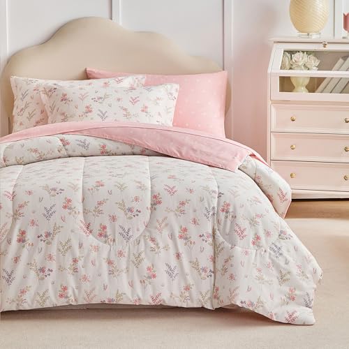 Joyreap 6pcs Cotton Comforter Sheet Set for Girls, Twin Size Bed in a Bag, Pink Floral Design, Soft n Cozy Kids Bedding Comforter Set for All Season- 68x88 inches Joyreap