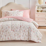 Joyreap 6pcs Cotton Comforter Sheet Set for Girls, Twin Size Bed in a Bag, Pink Floral Design, Soft n Cozy Kids Bedding Comforter Set for All Season- 68x88 inches Joyreap