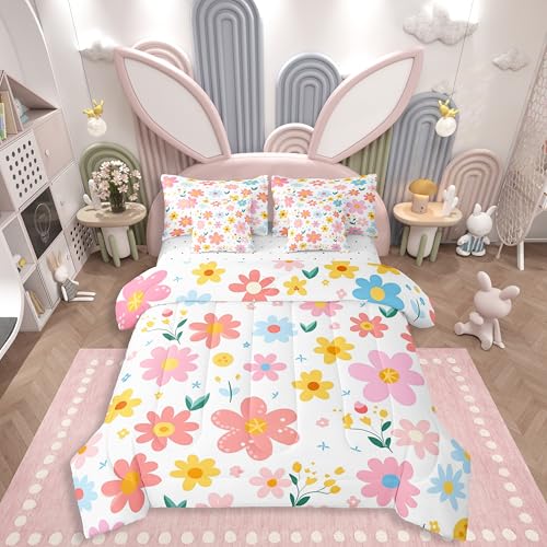 Feelyou Cute Flower 7 Piece Bedding Set Twin Size Kids Cartoon Cute Floral Bed in a Bag for Kids Girls Teens Toddler Yellow Pink Comforter Set with Sheets Kawaii Bed Set Feelyou