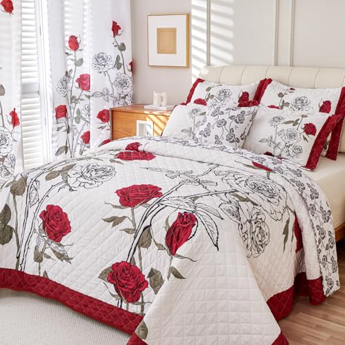 EVENHUG Quilt King Size Red Rose Bedding Set Floral Bedspread Lightweight Reversible Bed Cover with 2 Pillow Shams for All Seasons 3 Pieces (106"X96") EVENHUG