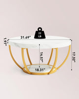 LITTLE TREE Round Coffee Table, 32" Circle Faux Marble Coffee Tables for Living Room, 2-Tier Golden Metal Legs Accent Center Table with Open Storage Modern Design Home Furniture (White and Gold) LITTLE TREE