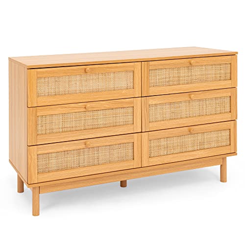 DHMAKER 6 Drawer Rattan Dresser, 48" Modern Double Dresser for Bedroom, Wide Chest of Drawers, Wood Storage Cabinet for Bedroom, Entryway, Living Room, Hallway DHMAKER