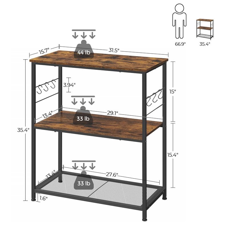 VASAGLE Baker s Rack, Kitchen Shelf, Kitchen Island, Microwave Oven Stand with 3 Open Shelves, 6 Hooks, Metal Frame, 15.7 x 31.5 x 35.4 Inches, Industrial, Rustic Brown and Black UKKI002B01