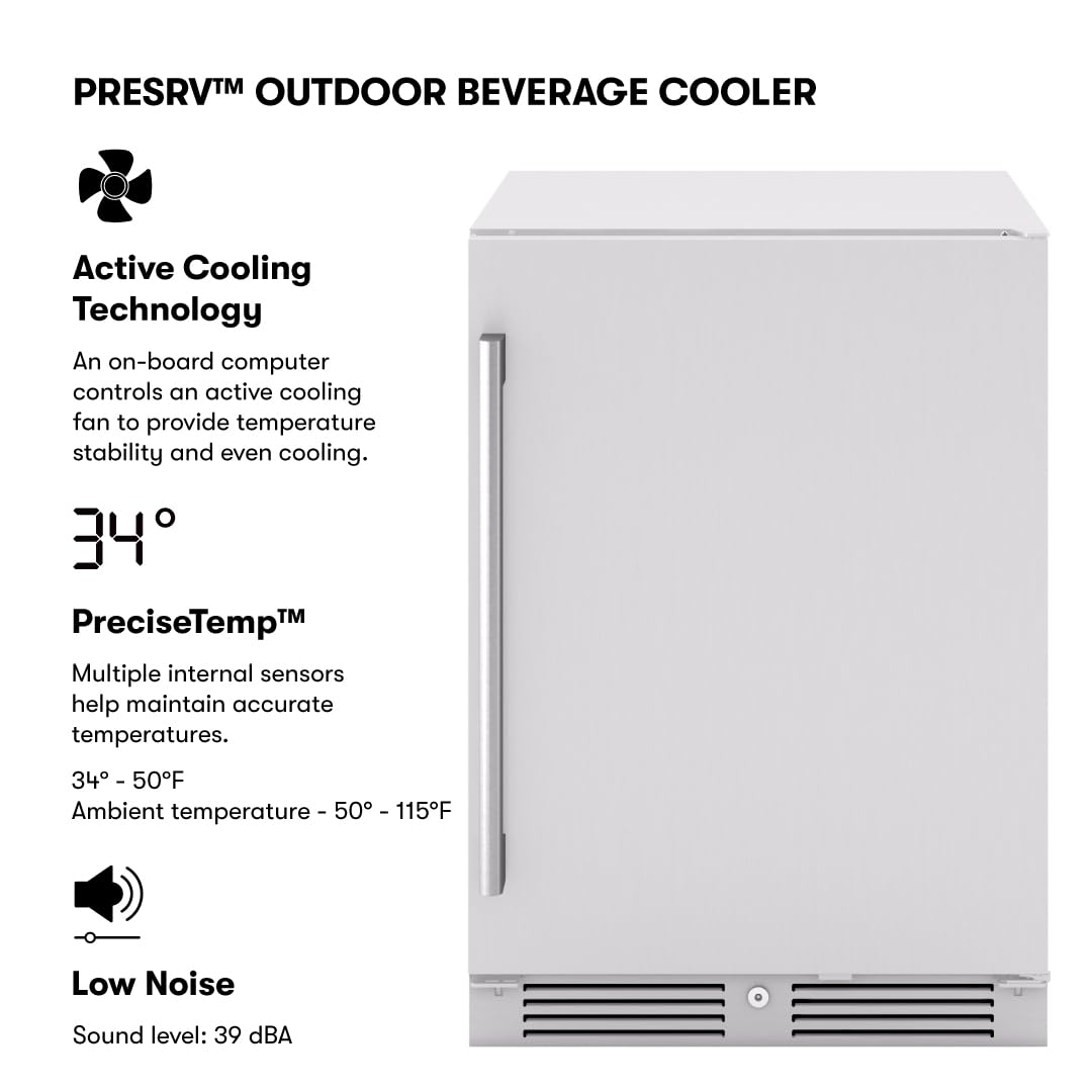 Zephyr Presrv 24 Inch Outdoor Wine Fridge & Beverage Refrigerator Single Zone Under Counter - Drink Chiller Freestanding Stainless Steel Door - 136 cans (Single-Zone Outdoor Wine & Beverage Cooler)