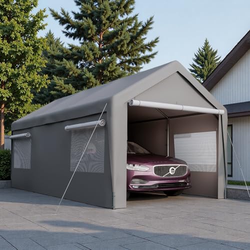 Trygoal 10x20 FT Heavy Duty Carport, Outdoor Storage Shed Tent with Removable Sidewalls & Roll-Up Ventilated Windows, All-Season Portable Garage Shelter with Rubber Ropes & Ground Anchors, Grey Trygoal