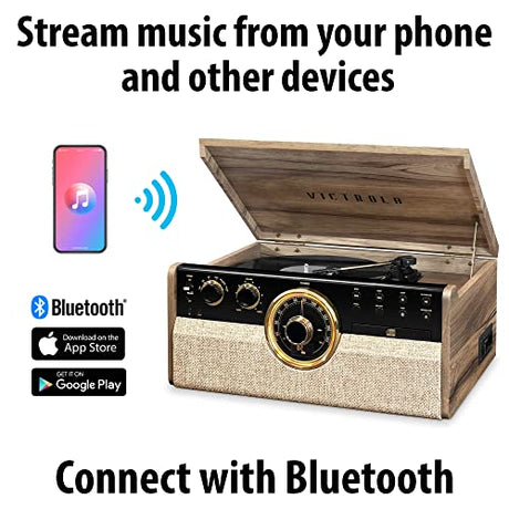 Victrola Empire Mid-Century 6-in-1 Turntable with 3 Speed Record Player, Bluetooth Connectivity, Radio, Cassette and CD Player (Farmhouse Walnut) Victrola