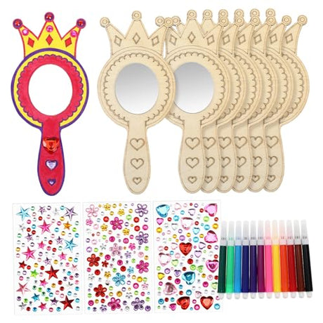 Gadpiparty 1Set DIY Princess Mirror Kit for Unfinished Wood Craft with Crown Mirrors Watercolor Pens Stickers for Party Favors Creative Projects Gadpiparty