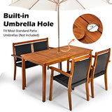 Tangkula 4 Pieces Patio Dining Set for 4, Patiojoy Space-Saving Outdoor Acacia Wood Dining Table and PE Rattan Chairs Set with 1.9” Umbrella Hole, for Garden, Backyard, Deck, Poolside, Balcony Tangkula