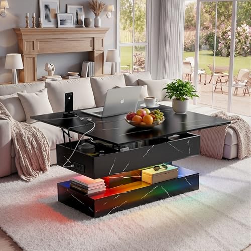 40" Lift Top Coffee Table, Multi-Function Convertible Workstation Table with Storage & Charging Station, Modern Faux Marble Design for Living Room & Small Spaces Fabulcozy
