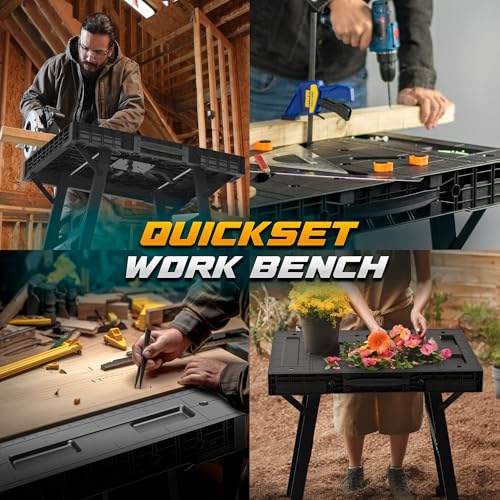 Express Folding Workbench, 2-in-1 Easy Setup Portable Folding Work Table & Sawhorse, 34" W x 25" D x 32" H Lightweight Versatile Worktable with Heavy-Duty 1000 Lbs Load Capacity (Workbench Black) ZYLOQUEX
