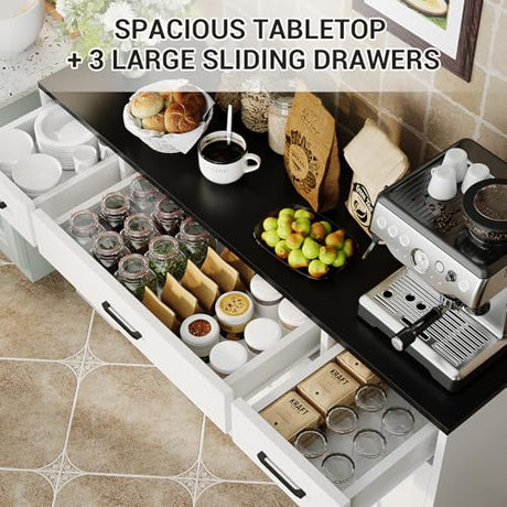 Garvee 55 in Large Buffet Sideboard Cabinet with Storage 4 Doors and 3 Drawers Kitchen Storage Cabinet Coffee Bar Buffet Table for Dining Room, Living Room, Adjustable Shelf Garvee