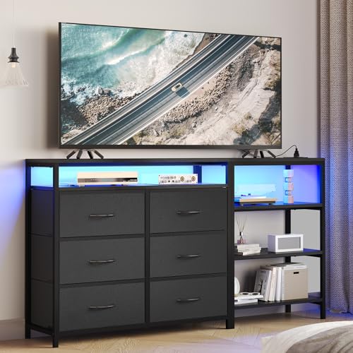 BTHFST TV Stand Dresser Bedroom for 60 Inch TV with LED Lights & Charging Station, Changable L Shape Corner TV Stand, 6 PU Drawers, 3 Open Shelves Entertainment Center (Black) - WoodArtSupply