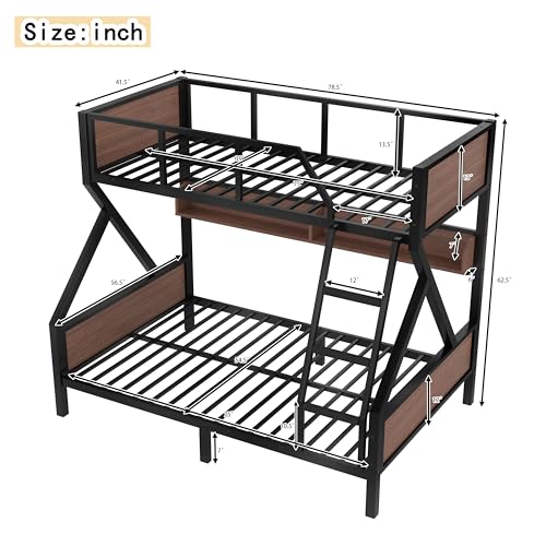 Bellemave Bunk Beds Twin Over Full Size with Storage Shelves & LED Light, Metal Twin Over Full Bunk Bed Frame with Wood Board & Sturdy Slats, Heavy Duty Bed Frame, Noise Free, Black Bellemave