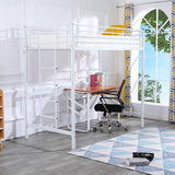 Bonnlo Metal Loft Bed with Stairs and Flat Rung, Junior Bed Full Size High Loft Bed for Kids/Teens/Adults, No Box Spring Required, White Bonnlo