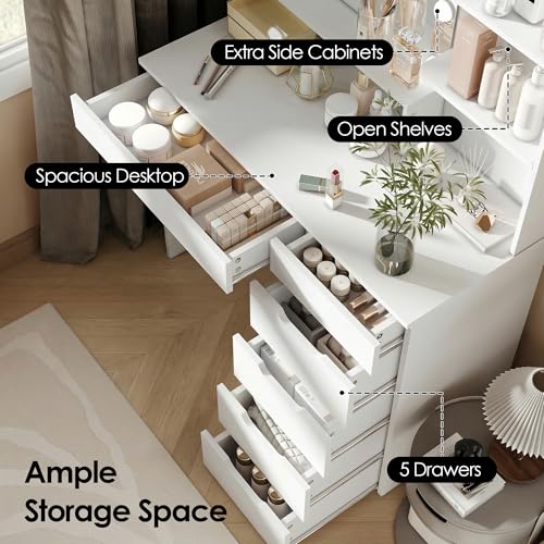 HMYZOM Makeup Vanity with 10 LED Lighted Mirror, White Vanity Desk with Large Desktop, Multi-Drawers & Open Shelves, Modern Vanity Table Makeup Table, 3 Color Modes & Adjustable Brightness HMYZOM