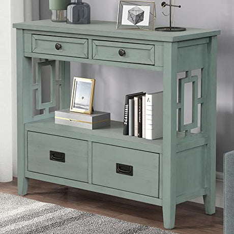 Knocbel Farmhouse Entry Console Table with 2 Storage Drawers 2 Cabinets and Open Shelf, Entryway Hallway Living Room Kitchen Sofa Table, 36.02" W x 12.99" D x 31.5" H, Retro Blue Knocbel