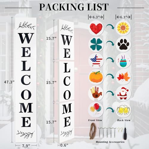 Lotkey Seasonal Welcome Sign for Front Door, 47 x 7.9 Inch Welcome Sign with 12 Wooden Icons (6 Double-sided Disks) Porch Decor for Summer Fall Thanksgiving Christmas Party Outdoor Sign (White) LOTKEY