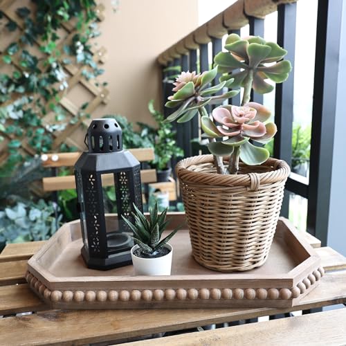 Hrastany Wood Rustic Serving Tray with Beads, Farmhouse Brown Decorative Tray for Table Centerpiece, Christmas Wedding Halloween Home Decor Hrastany
