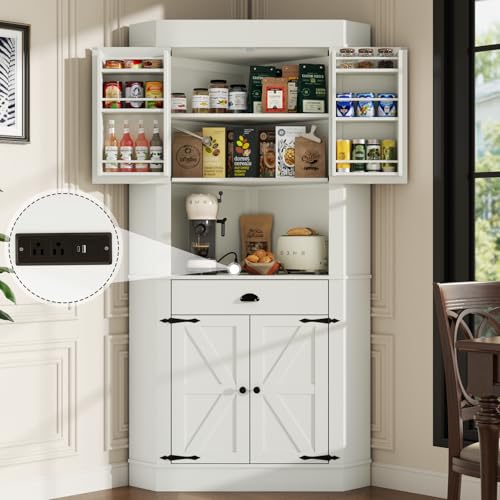 Corner Cabinet with Charging Station,73"Tall Kitchen Pantry Storage Cabinet with Drawer,Freestanding Kitchen Pantry Cabinets with Doors and Shelves,Farmhouse Food Hutch for Dining Room,Kitchens(White) Gyfimoie