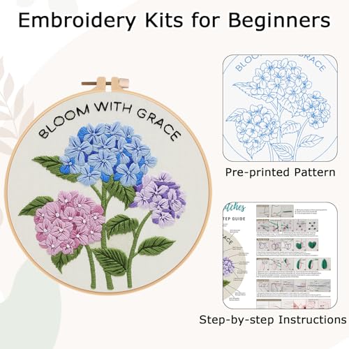 Nuberlic Hydrangea Embroidery Kits for Beginner Adults Cross Stitch Kit with Stamped Pattern Include Cloth Hoops Threads Needles