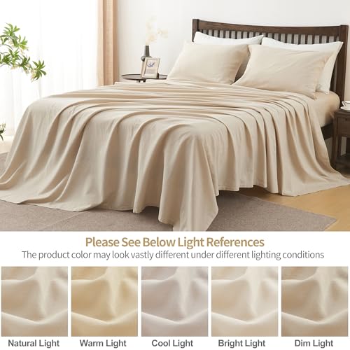Simple&Opulence Belgian Linen Sheet Set Solid Color - 4 Pieces (1 Flat Sheet, 1 Fitted Sheet & 2 Pillowcases) Natural Flax Cotton Blend Soft Breathable Farmhouse Bedding - Full Size, Linen/Beige Simple&Opulence