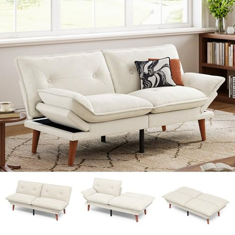 LINSY HOME Futon Sofa Bed, 70" Chenille Futon Couch with Adjustable Backrest Armrest, 3 in 1 Convertible Comfy Loveseat Sleeper Sofa Bed for Small Spaces Dorm Room Apartment Home Office, Beige White LINSY HOME
