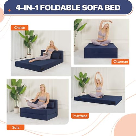 Fvkind Folding Sofa Bed, 4 in 1 Convertible Sleeper Sofa Bed Chair with Pillow, Twin Memory Foam Loveseat Futon Sleeper Chair, Foldable Futon Couch for Living Room, Bedroom, Guest Room, Blue Fvkind