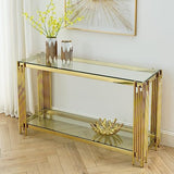 SSLine Modern Luxury Console Table Rectangular Glass Accent Entryway Table for Hallway Living Room, 2-Tier Storage, Gold Pipe Stainless Steel Frame Design SSLine