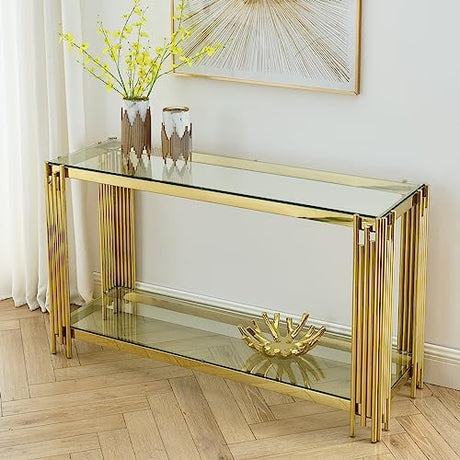 SSLine Modern Luxury Console Table Rectangular Glass Accent Entryway Table for Hallway Living Room, 2-Tier Storage, Gold Pipe Stainless Steel Frame Design SSLine