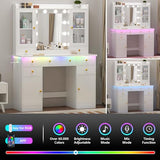 Wodeer Vanity Desk with Mirror and Lights, 43" White Makeup Vanity Set with 5 Drawers & Glass Cabinets, Makeup Tray, Power Outlet & Adjustable LED Lights, Dressing Table for Women & Girls Bedroom Wodeer
