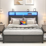Lifezone Full Bed Frame with 2-Tier Storage Headboard, Metal Platform Bed Frame with 4 Storage Drawers, Built in Charging Station & LED, Noise-Free/Metal Support/No Box Spring Needed, Rustic Grey Lifezone