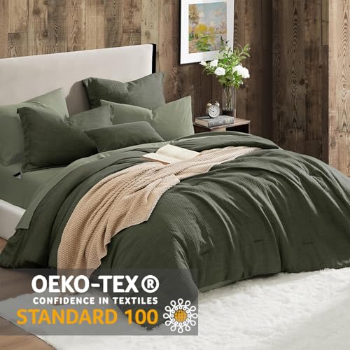 Geniospin Dark Olive Green Oversize Queen Comforter Set - 7 Pieces Comforter Queen Size, Solid Bedding Set for All Season, Textured Bed in a Bag with Sheets Geniospin