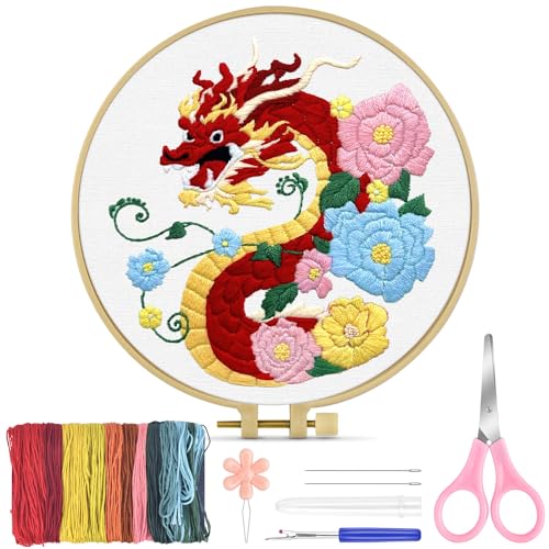 TINDTOP Embroidery Kit for Beginners Adult, Dragon Embroidery Kit for Beginners Include Embroidery Cloth Hoops Threads for Craft Lover Hand Stitch with Embroidery Skill Techniques