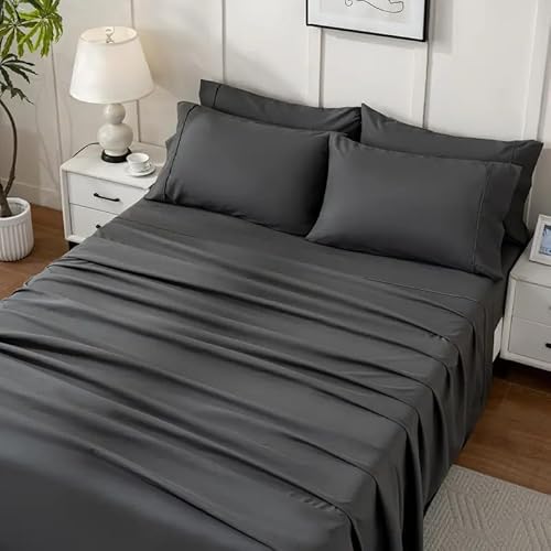 Sanqitara 6 - Piece Bed Sheet Set, 4 Pillowcases + 1 Flat Sheet + 1 Fitted Sheet, Soft & Breathable Bedding for Twin/Full/Queen/King/Cal King (Light Grey, Twin) Sanqitara