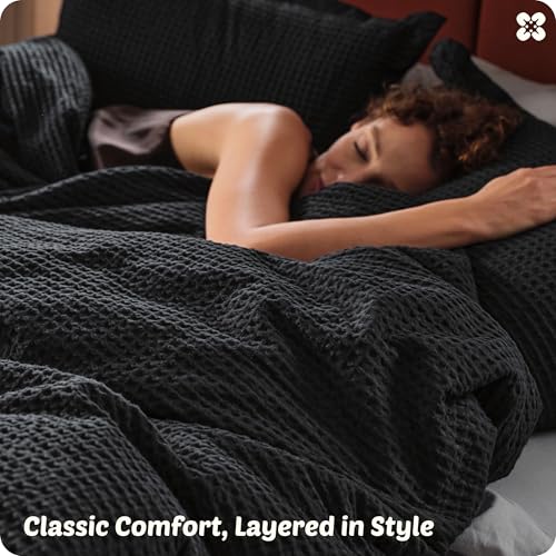 Bedsure Cotton Duvet Cover Set - 100% Cotton Waffle Weave Black Duvet Cover Oversized King Size, GentleSoft™ and Breathable Bedding Set for All Season, 3 Pieces, 120"x98" Bedsure