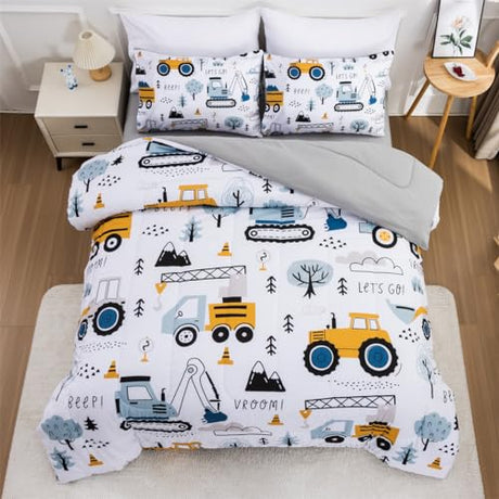 NTBED 5 Pieces Construction Truck Twin Comforter Set for Boys Kids Forest Vehicles Excavator Lightweight Microfiber Bedding Sets NTBED